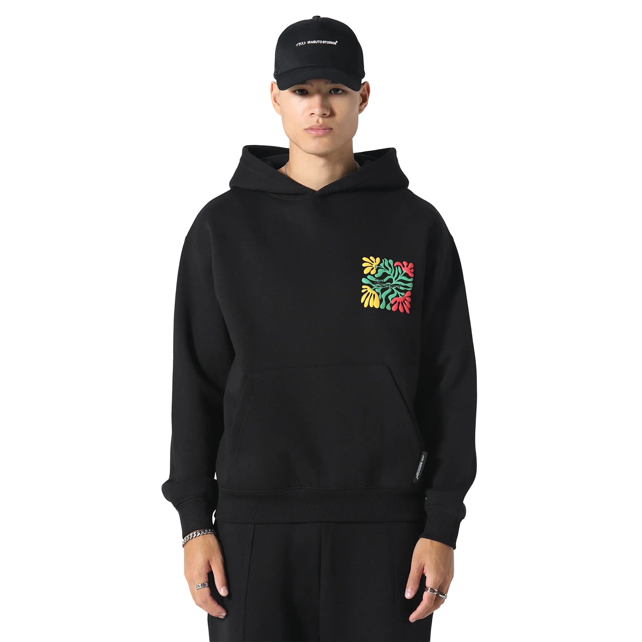 Front View of Irasuto Studios Zen Forest Black Hoodie 5060615214204